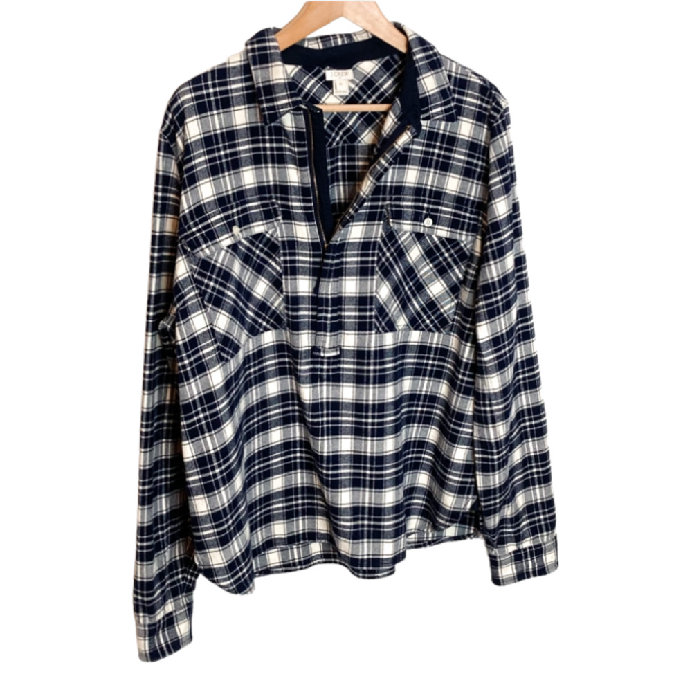 J. Crew Navy Plaid Flannel Half Zipper Pullover Size XL